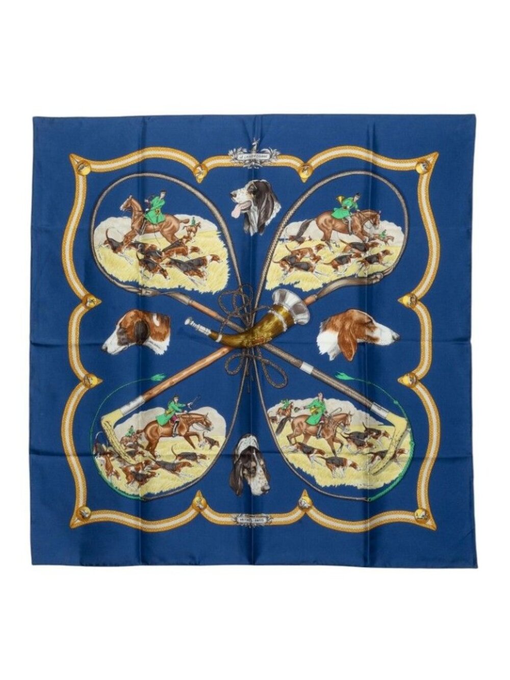 Hermes Carre 90 le Laisser Courre Hound Scarf Blue Silk